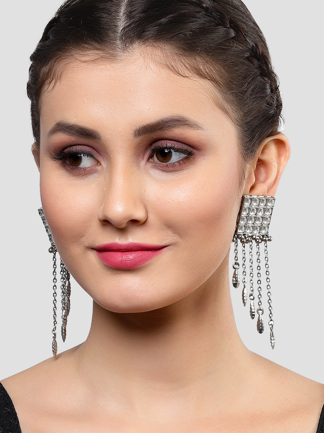 Karatcart Oxidised Silver Square Shape Kundan Tassel Earrings for Women