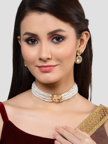 Karatcart Gold Plated White Polki Kundan Choker Necklace Set for Women