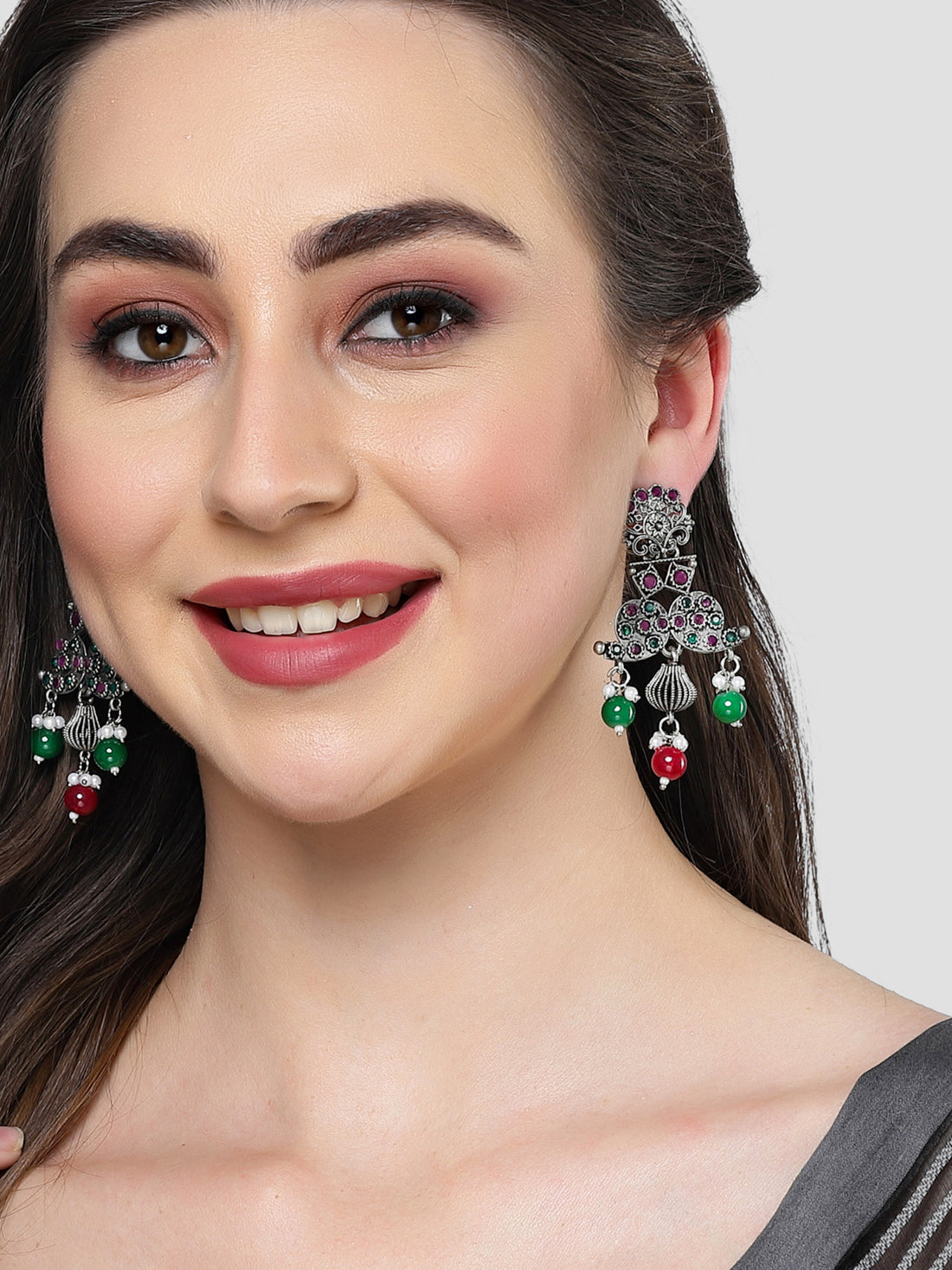 Karatcart Oxidised Silver Purple and Green Stone Dangler Earring for Women