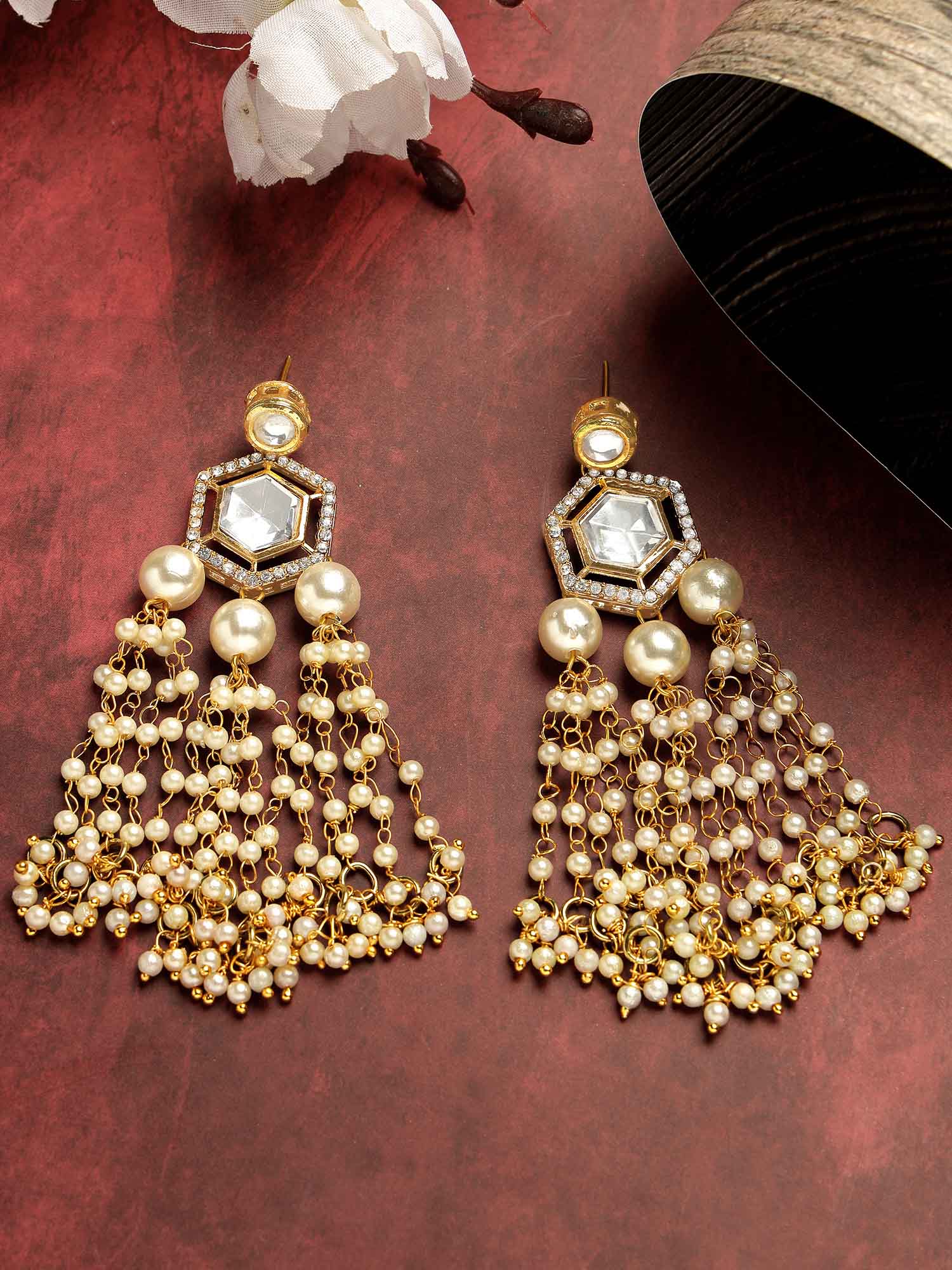 Karatcart Gold Plated Designer Polki Kundan Drop Earrings for Women - view 3