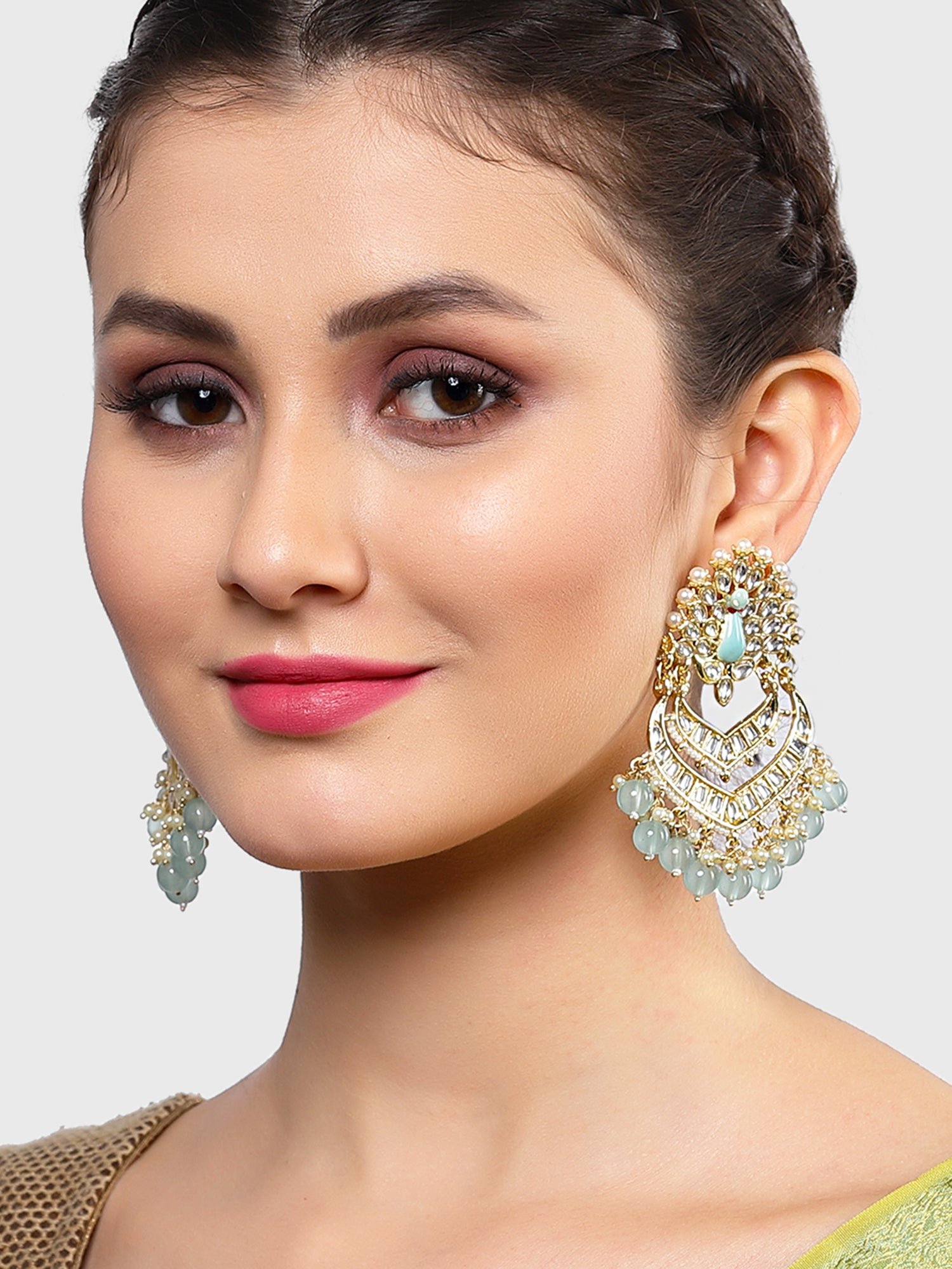 Karatcart Gold Plated Peacock Shape Light Blue Meena and Kundan Studded Dangler Earrings for Women - Image 1