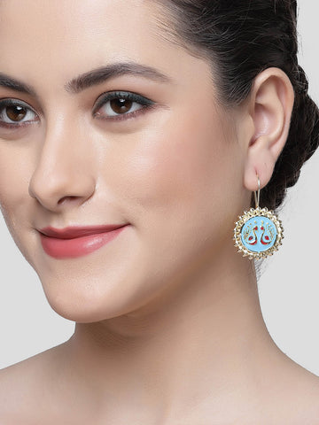 Karatcart Gold Plated Peacock Design Light Blue and Red Meena Drop Earrings for Women