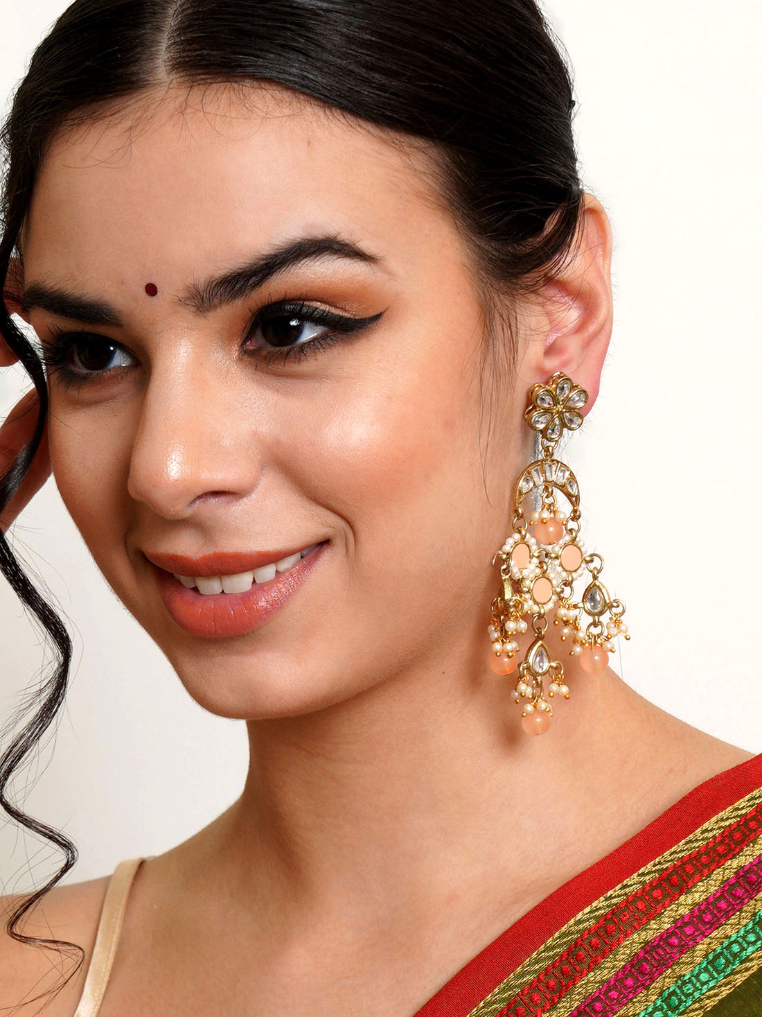 Karatcart Gold Plated Peach Meena Kundan Dangler Earrings for Women