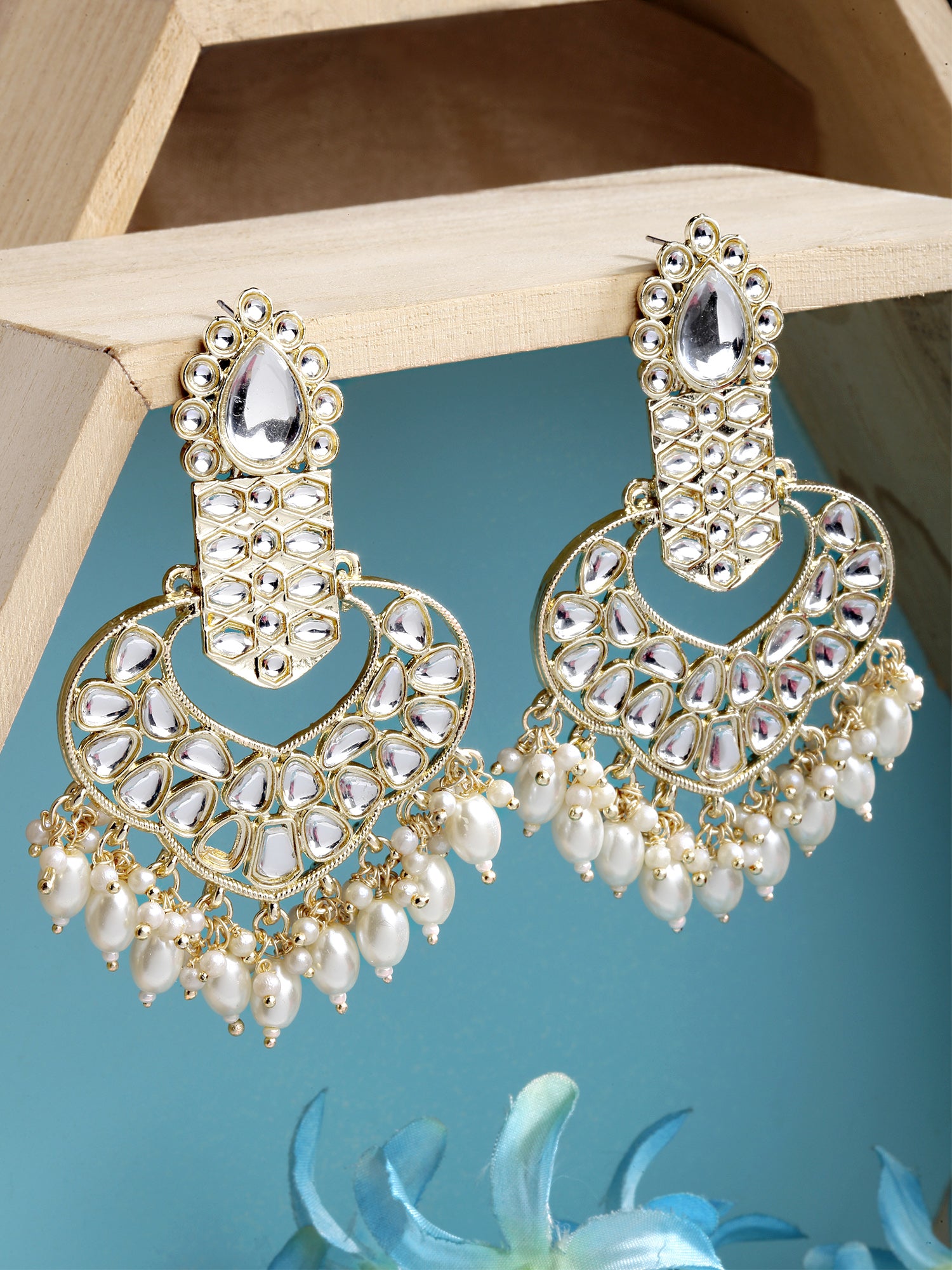 Karatcart Gold Plated Drop Shape Kundan Studded Dangler Earrings for Women - view 3