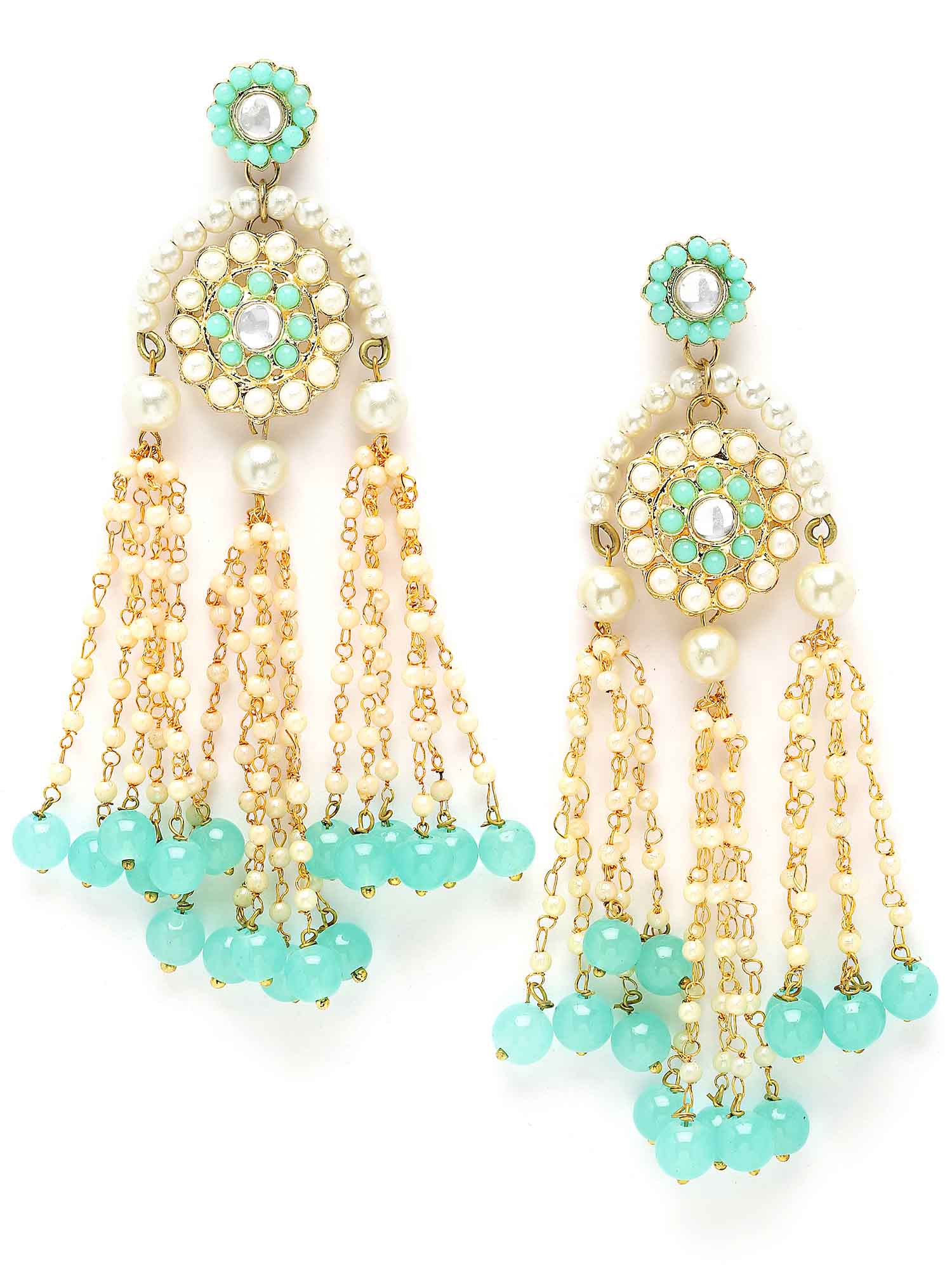 Karatcart Gold Plated Light Blue Beads and Pearl Kundan Drop Earrings for Women - view 4