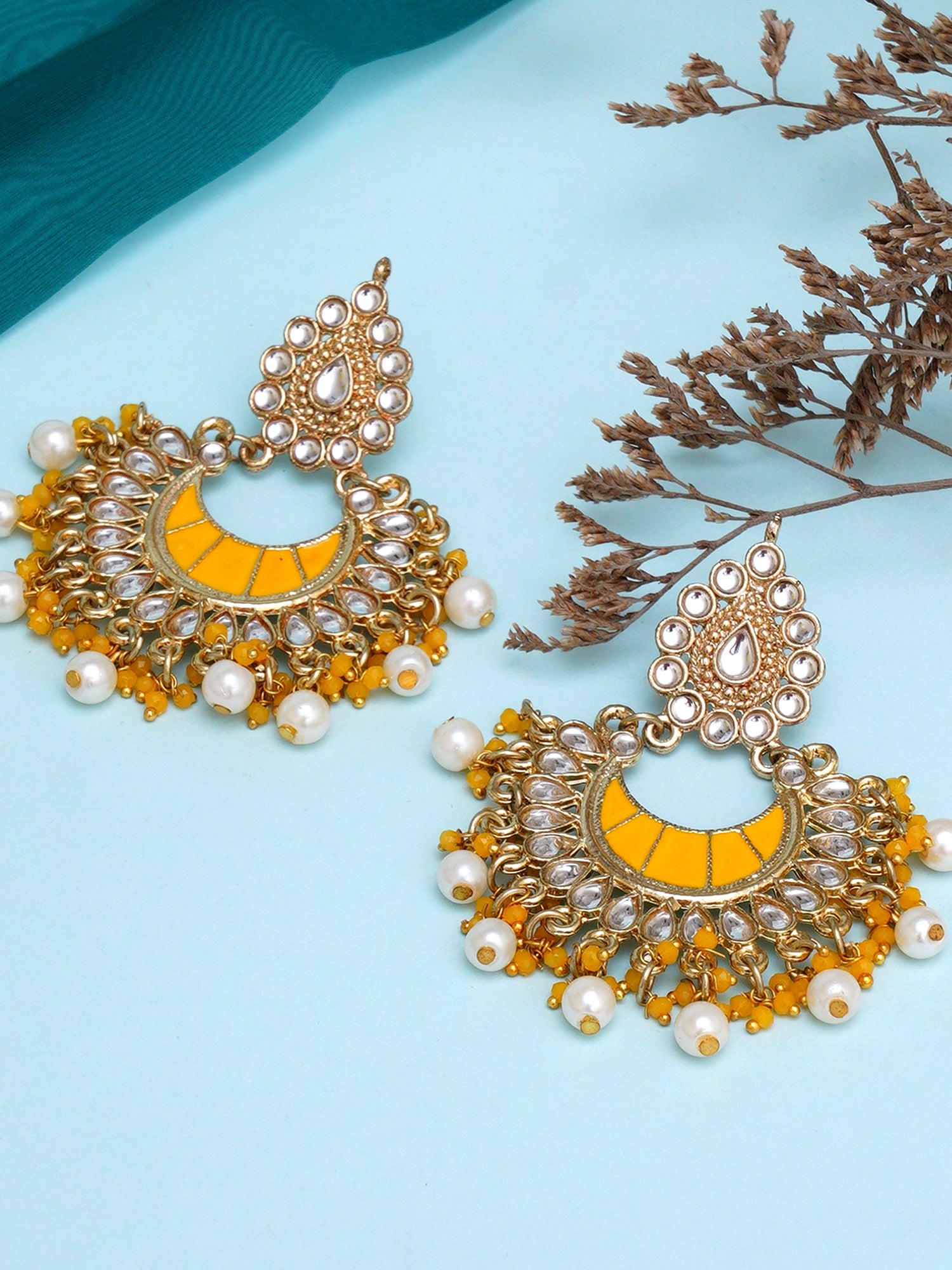 Karatcart Gold Plated Yellow Meena Kundan Chandbali Earrings for Women - Image 1