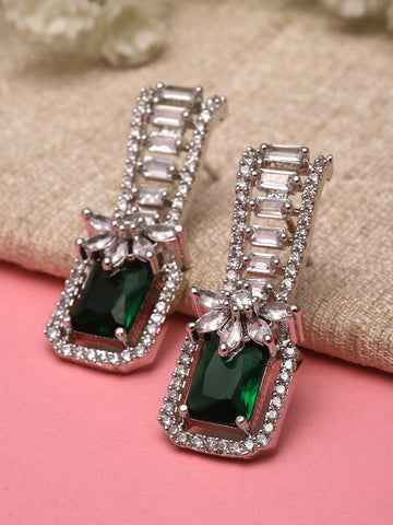 Karatcart Silver Plated Square Green Cubic Zirconia Stud Earrings for Women