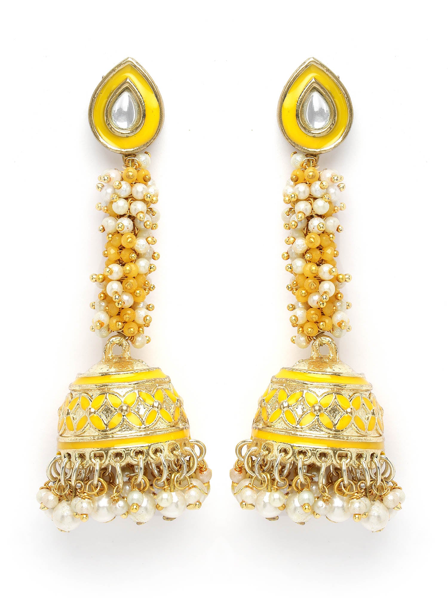 Karatcart Gold Plated Yellow Meena Kundan Jhumki Earrings for Women - view 4