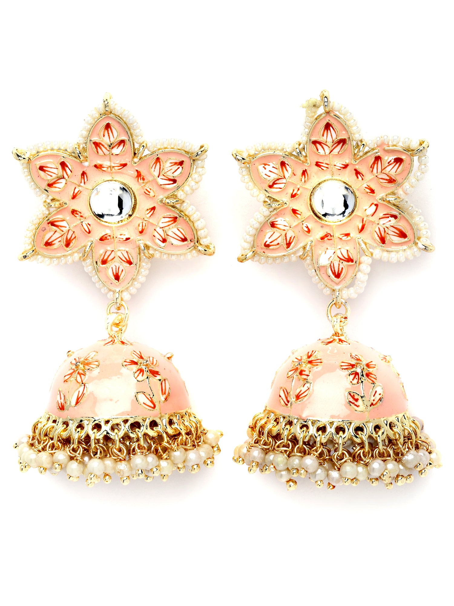 Karatcart Gold Plated Peach Meena Floral Shape Kundan Jhumki Earrings for Women - view 4