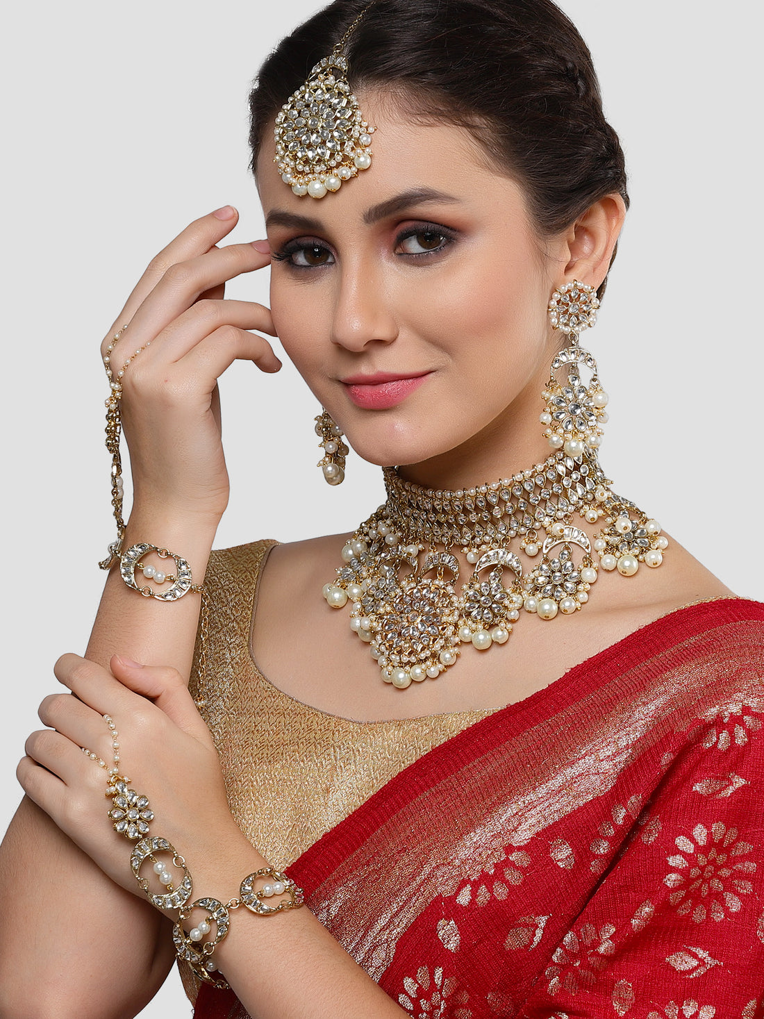 Karatcart Gold Plated Floral Pearl and Kundan Bridal Choker Necklace Set for Women