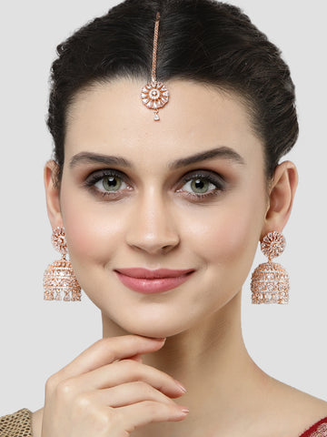 Karatcart Rose Gold Plated White CZ Studded Earrings with Maangtikka for Women