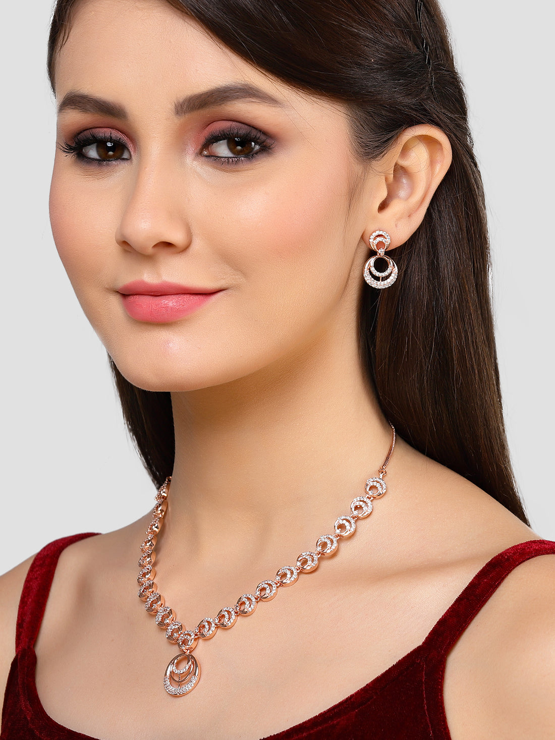 Karatcart Rose Gold Plated Moon Design CZ Stone Studded Jewellery Set