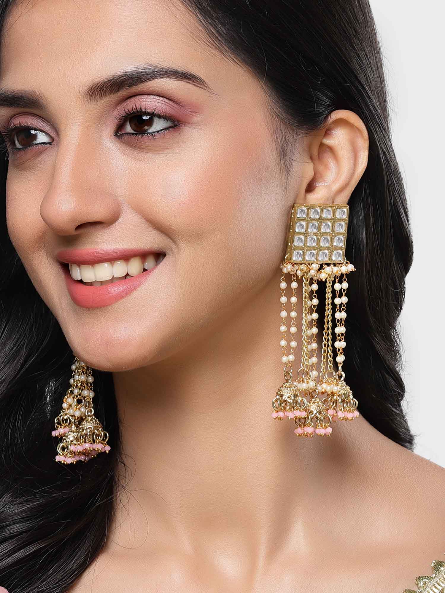 Karatcart Gold Plated Square Kundan Jhumki and Pearl Chain Drop Earrings for Women - Image 1