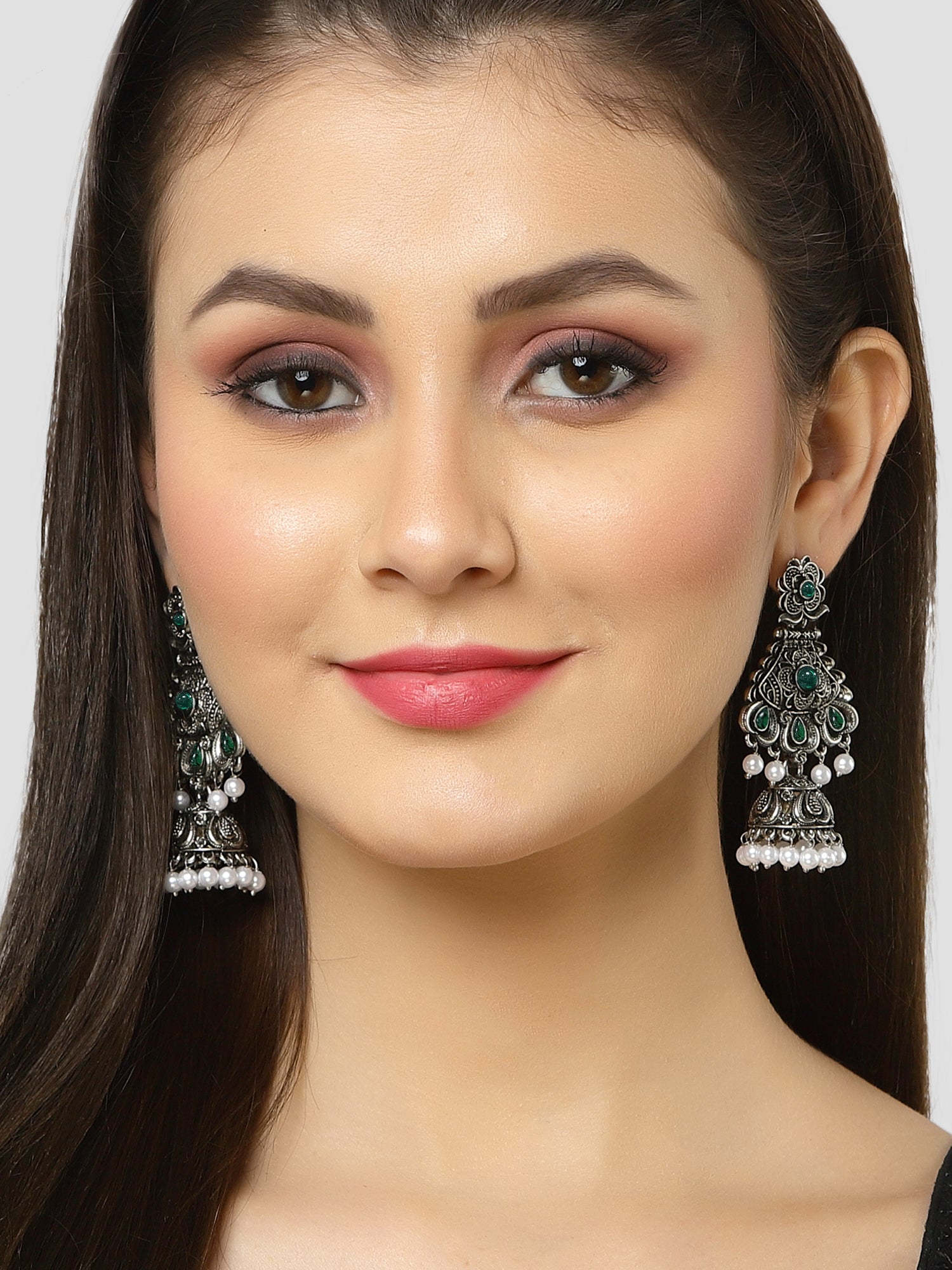 Karatcart Oxidised Silver Green Stone Studded Dangler Jhumki Earrings for Women - Image 1