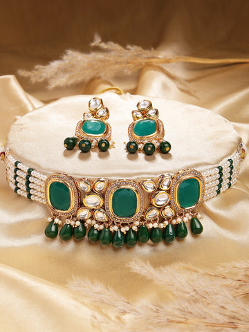Karatcart Green Polki Kundan Design Choker Jewellery Set for Women