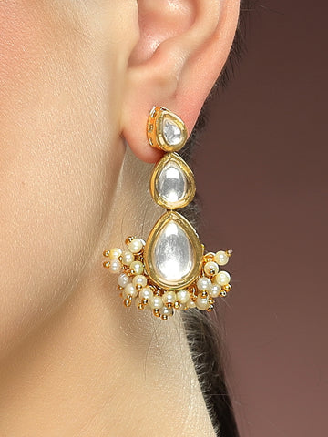 Karatcart Gold Plated Drop Shape Polki Kundan Earrings for Women