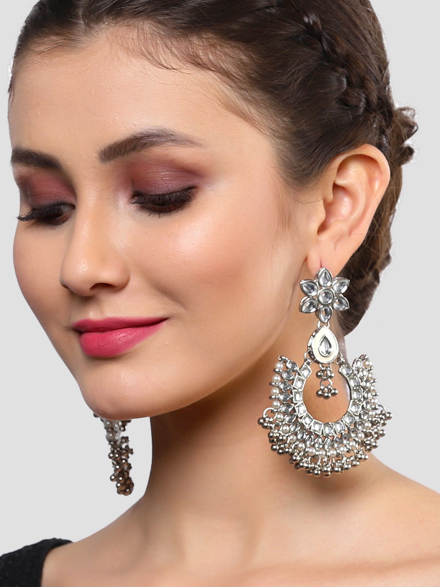 Karatcart Oxidised Silver Silver Ball and Pearl Studded Kundan Chandbali Earrings for Women - Image 1