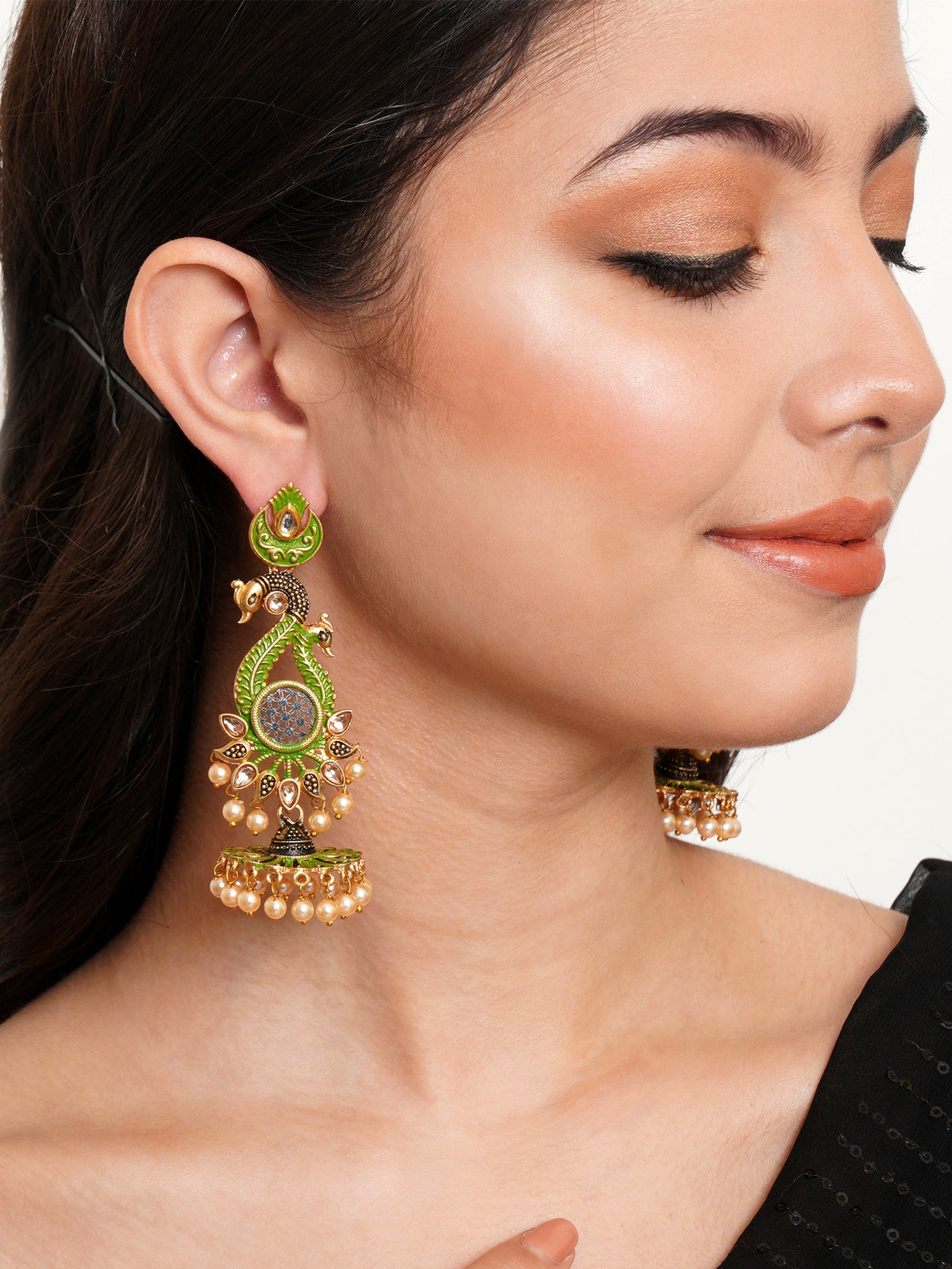 Karatcart Antique Gold Plated Kundan Studded Light Green Meena Peacock Flat Womens Jhumki Dangler Earrings - view 2