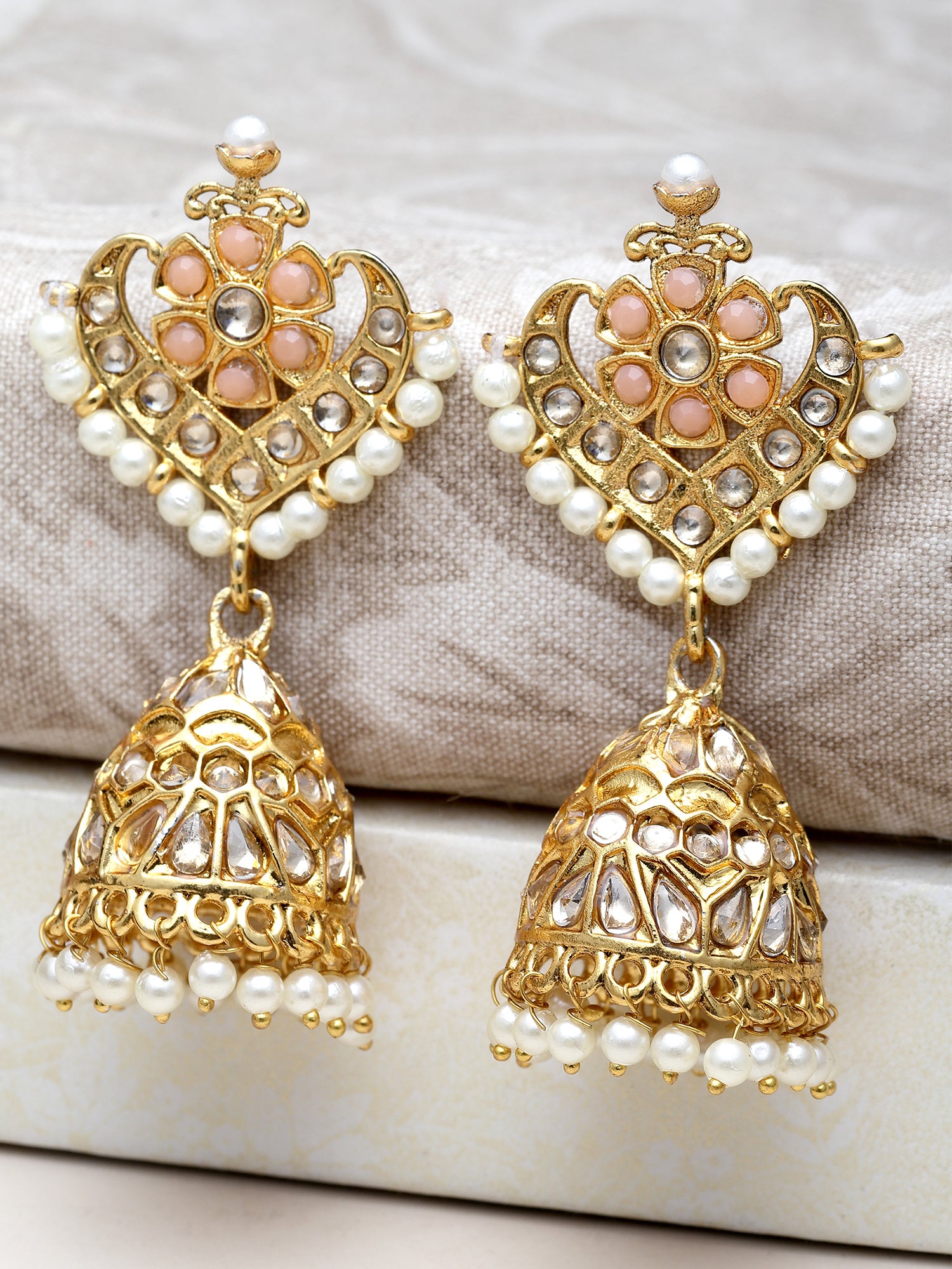 Karatcart Gold Plated Floral Design Peach Kundan Studded Jhumki Earrings for Women - view 3