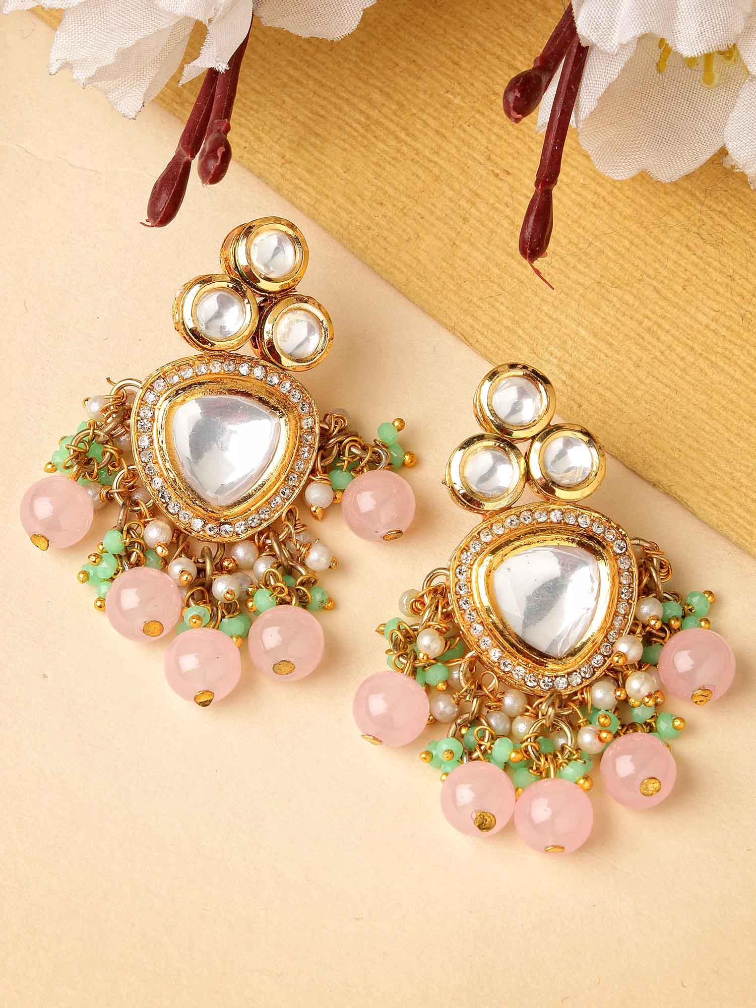 Karatcart Gold Plated Pink Beads Lime Green Crystals Kundan Drop Earrings for Women - view 3