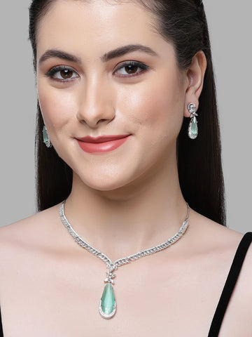 Karatcart Silver Tone Light Green Drop Shape Cubic Zirconia Studded Jewellery Set for Women