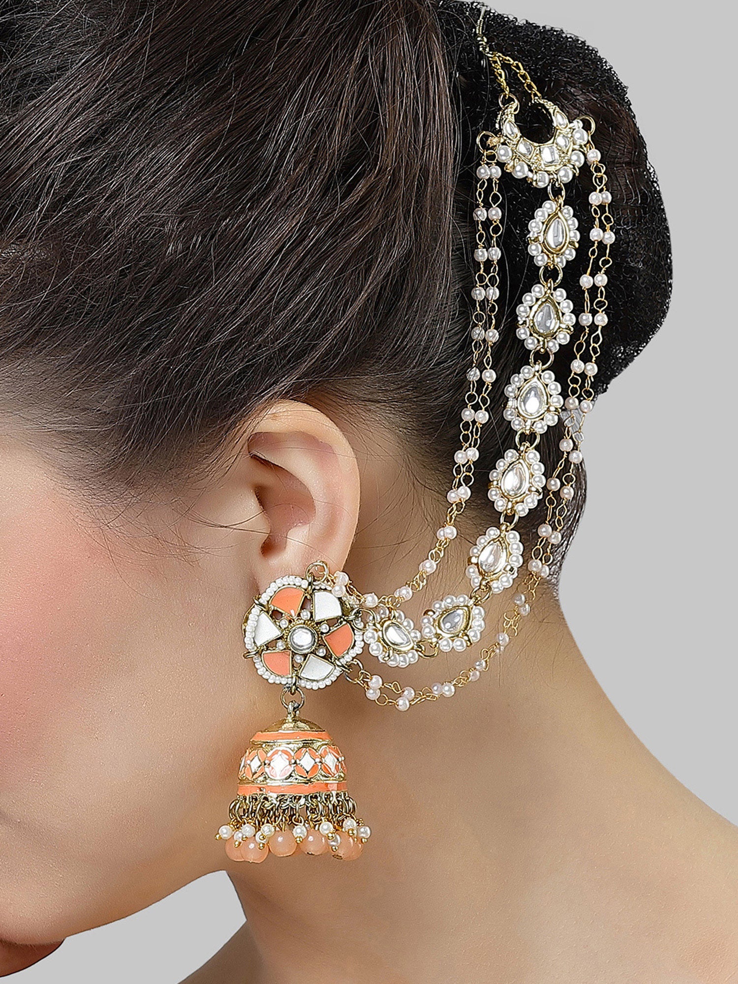 Karatcart Gold Plated Peach Meena and Beads Floral Kundan Kaanchain Jhumki Earring for Women - Image 1