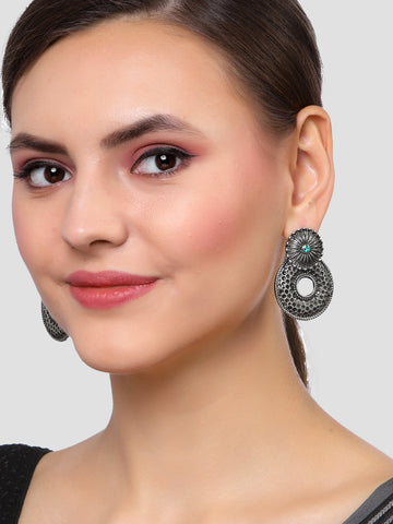 Karatcart Oxidised Silver Textured Dangler Earrings for Women