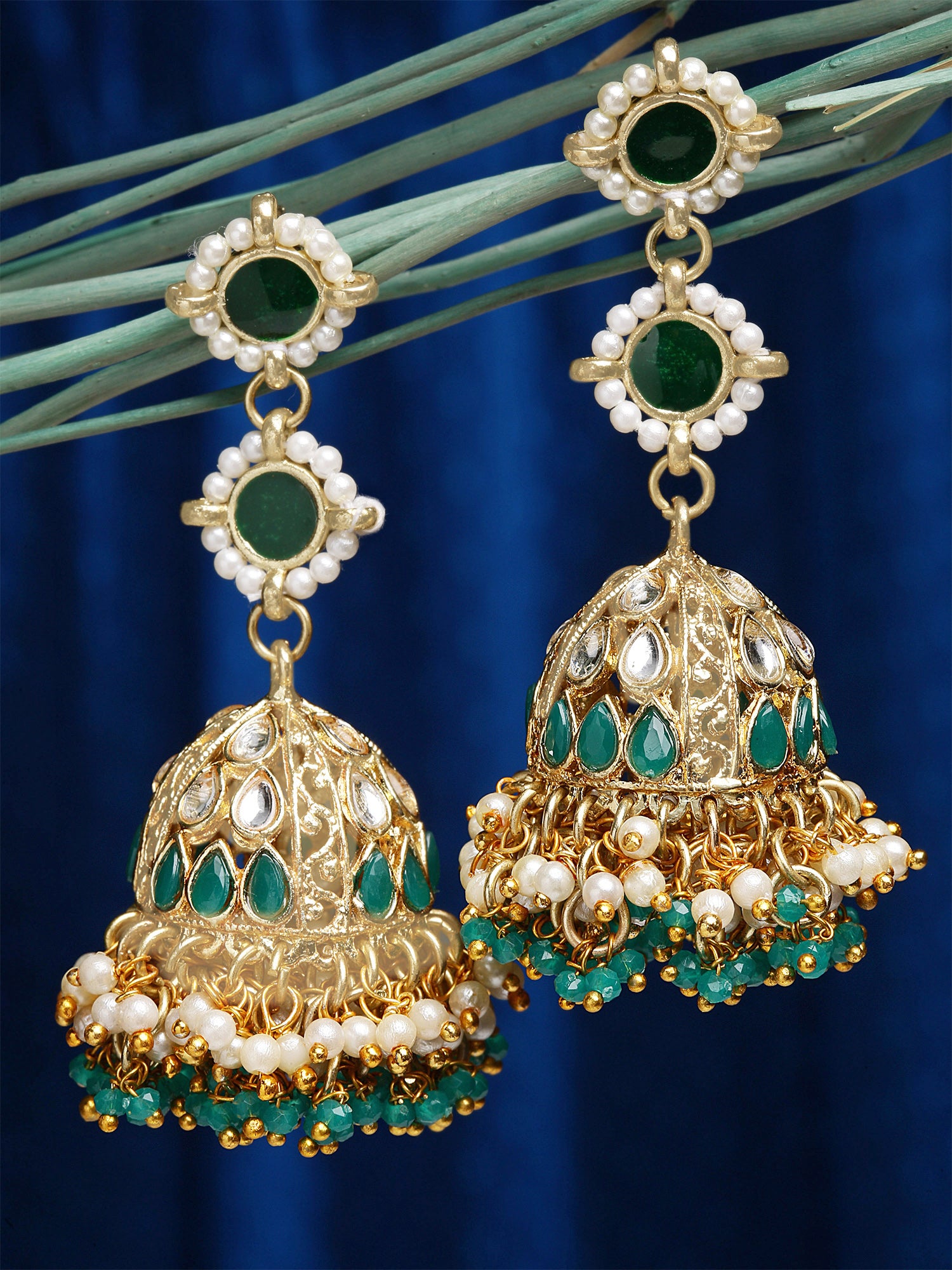 Karatcart Gold Plated Green Crystal and Pearl Studded Kundan Jhumki Earrings for Women - view 3
