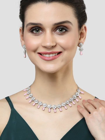 Karatcart Silver Tone Floral Design Pink Cubic Zirconia Studded Necklace Set for Women