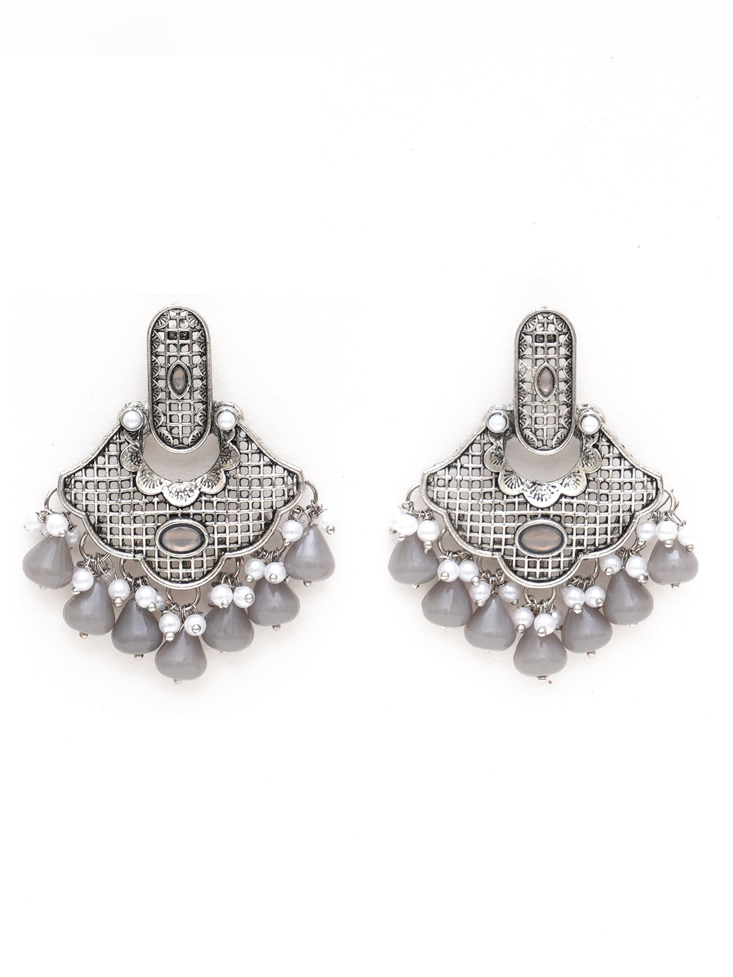 Karatcart Oxidised Silver Grey Monalisa Stone and Pearl Studded Dangler Earrings for Women - view 4