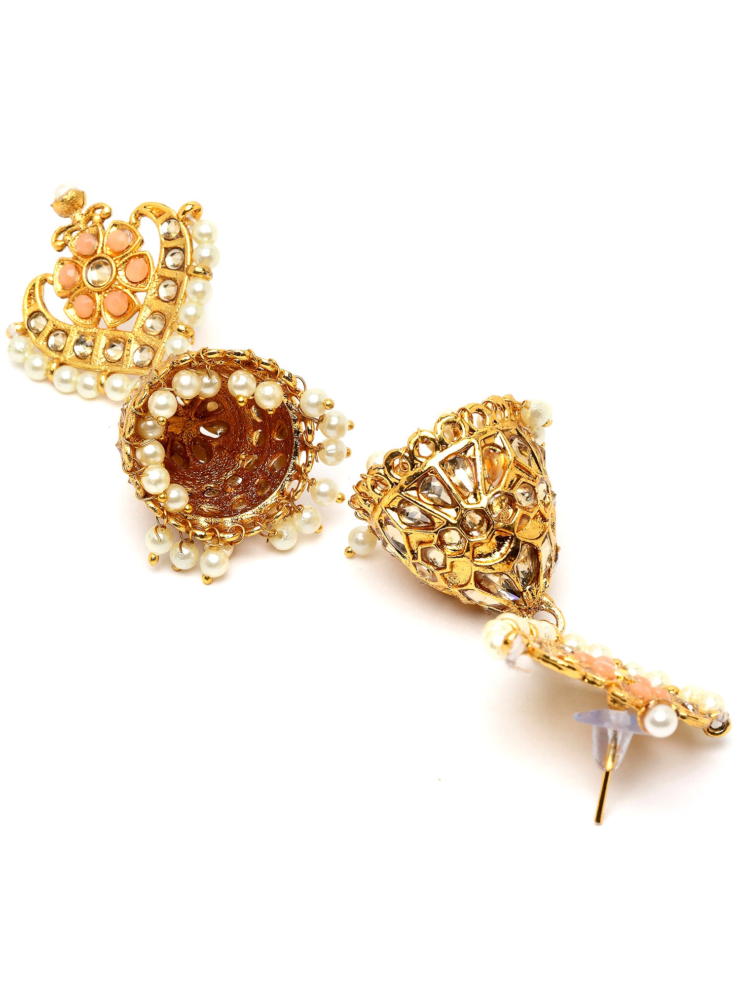 Karatcart Gold Plated Floral Design Peach Kundan Studded Jhumki Earrings for Women - view 5