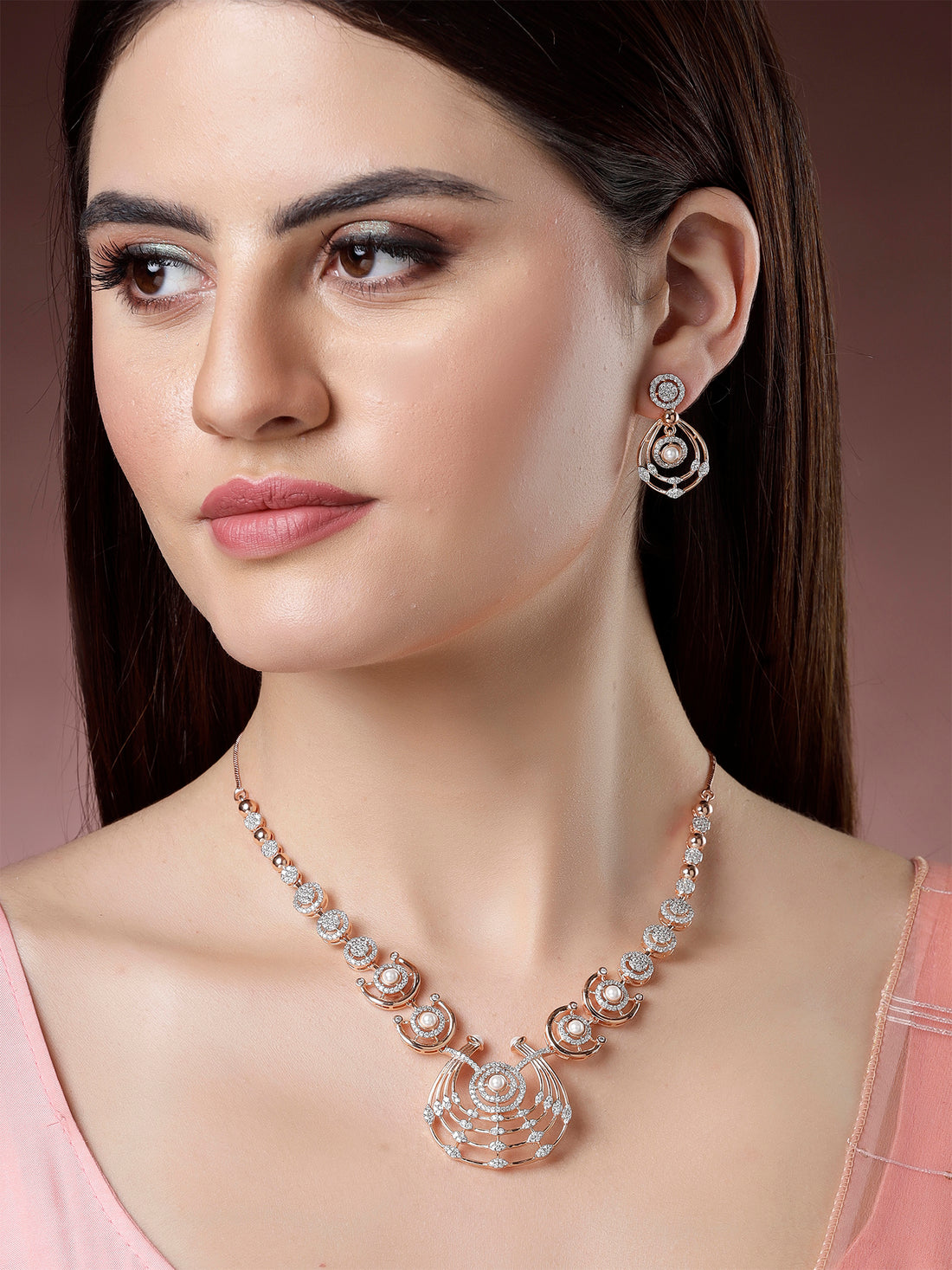 Karatcart Lightweight Rose Gold Plated Sparkling Cubic Zirconia Sleek Design Necklace Set for Women