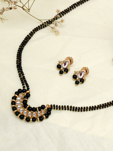 Karatcart Gold Plated Black Beads Moon Shape Kundan Mangalsutra with Earrings