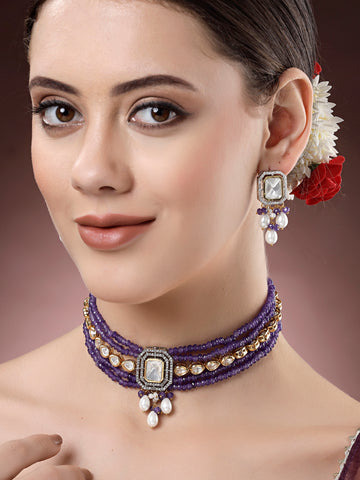 Karatcart Cubic Zirconia Studded Purple Crystal and Polki Kundan Beaded Choker Necklace Set