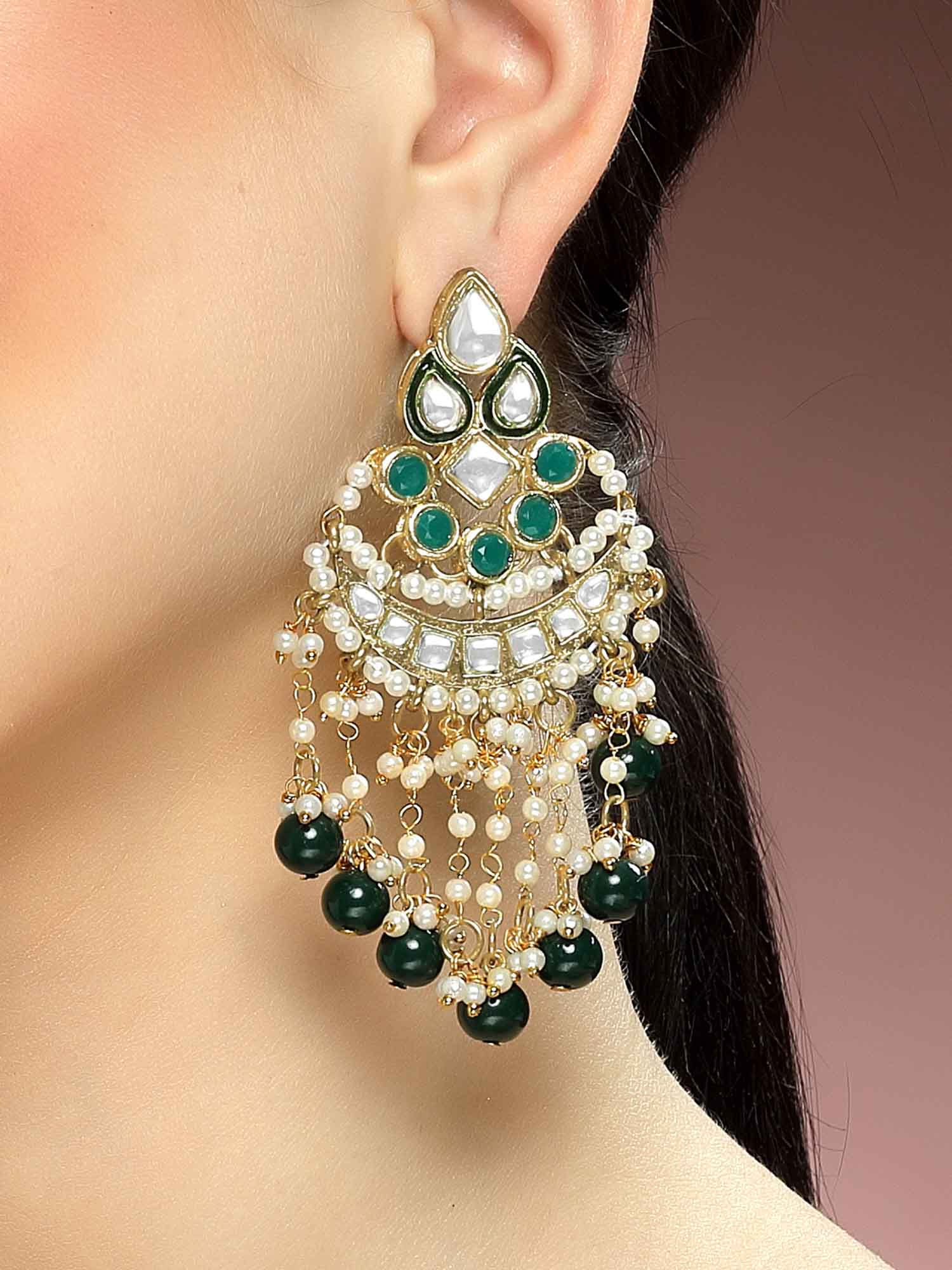 Karatcart Gold Plated Kundan Green Beads Dangler Earrings for Women - Image 1