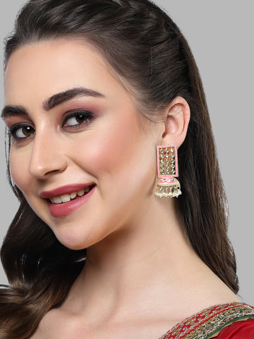 Karatcart Gold Plated Pink Meena Kundan Drop Earrings for Women