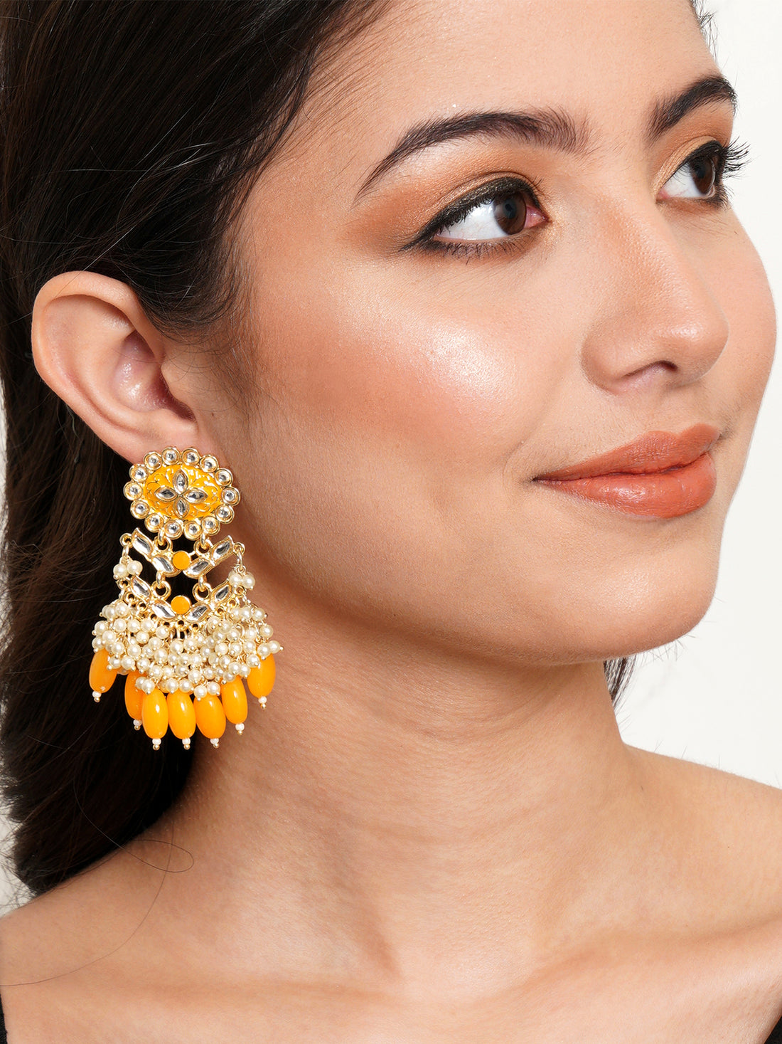 Karatcart Gold Plated Kundan Studded Yellow Meena and Tumble Dangler Earrings for Women