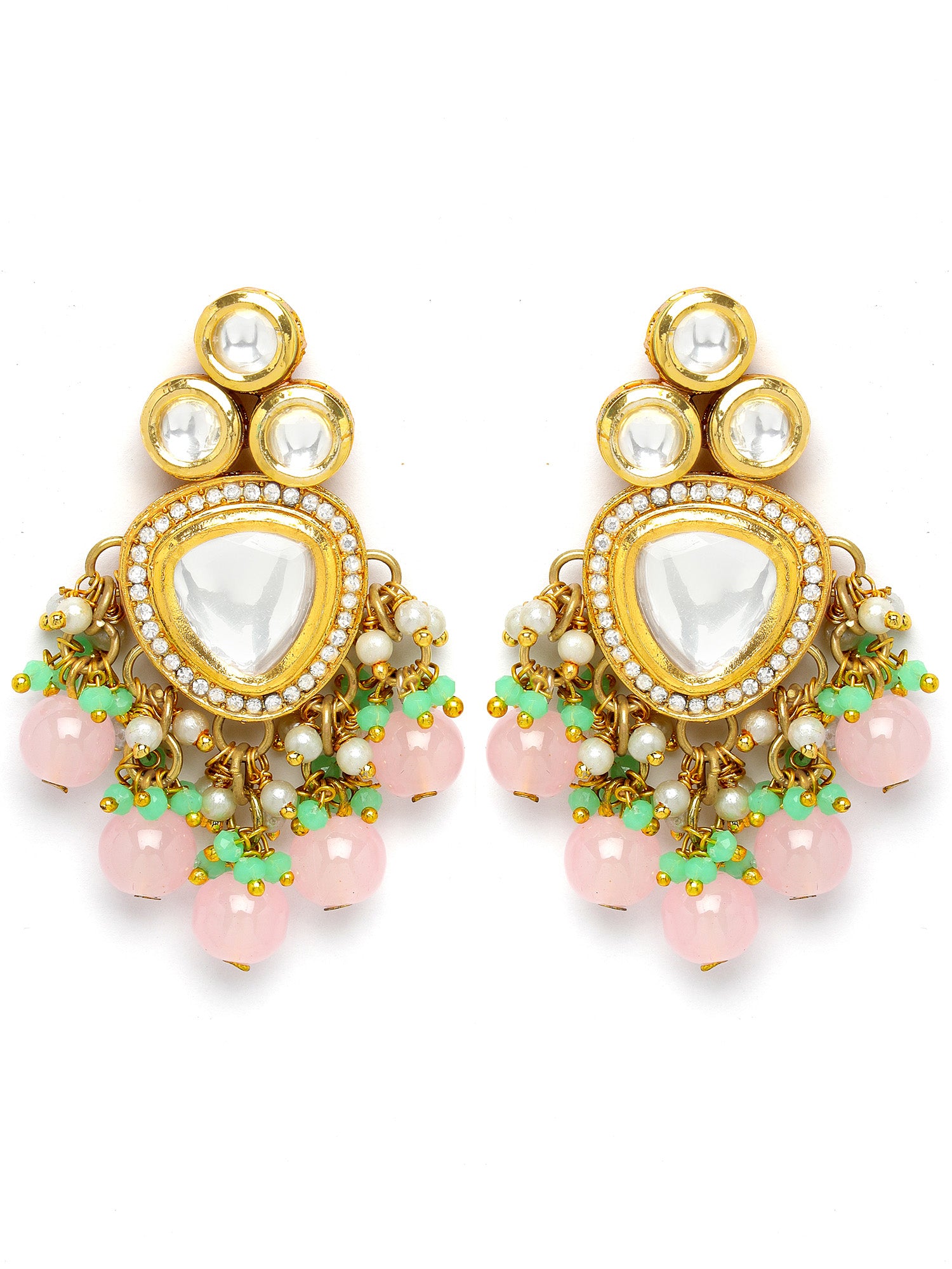 Karatcart Gold Plated Pink Beads Lime Green Crystals Kundan Drop Earrings for Women - view 4
