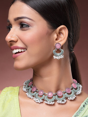 Karatcart Green and Pink Carved Stone Oxidised Silver Jewellery Set for Women