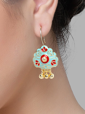 Karatcart Gold Plated Floral Design Red and Light Blue Meena Drop Earrings for Women