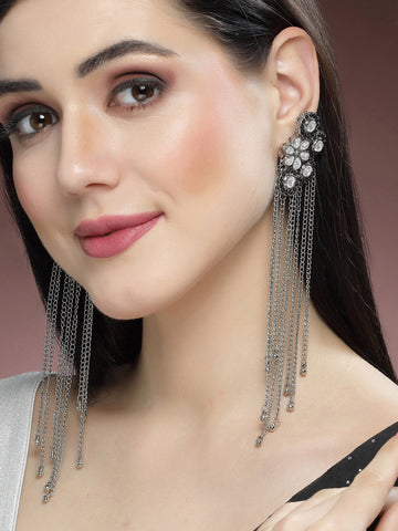 Karatcart Oxidised Silver Black Ball Studded Kundan Tassel Earrings for Women