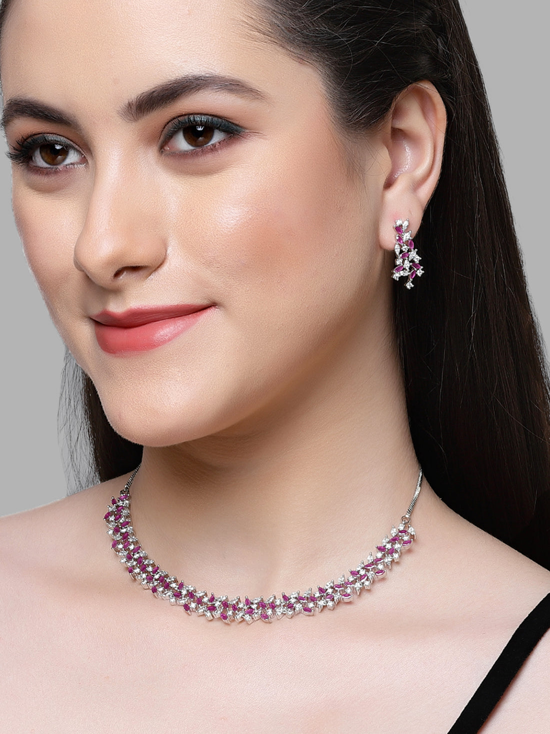 Karatcart Silver Plated Purple and White Cubic Zirconia Studded Necklace Set