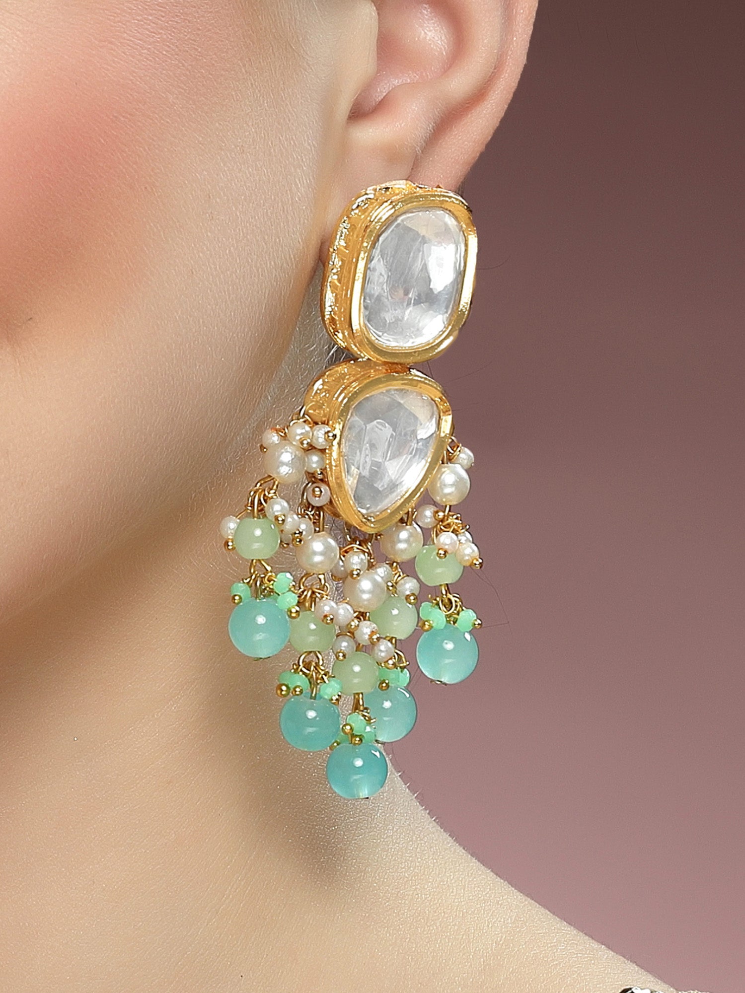 Karatcart Gold Plated Blue Beads Polki Kundan Drop Earrings for Women