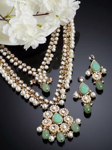 Karatcart Gold Plated Light Green Tumble and Pearl Rani Haar Necklace Set for Women