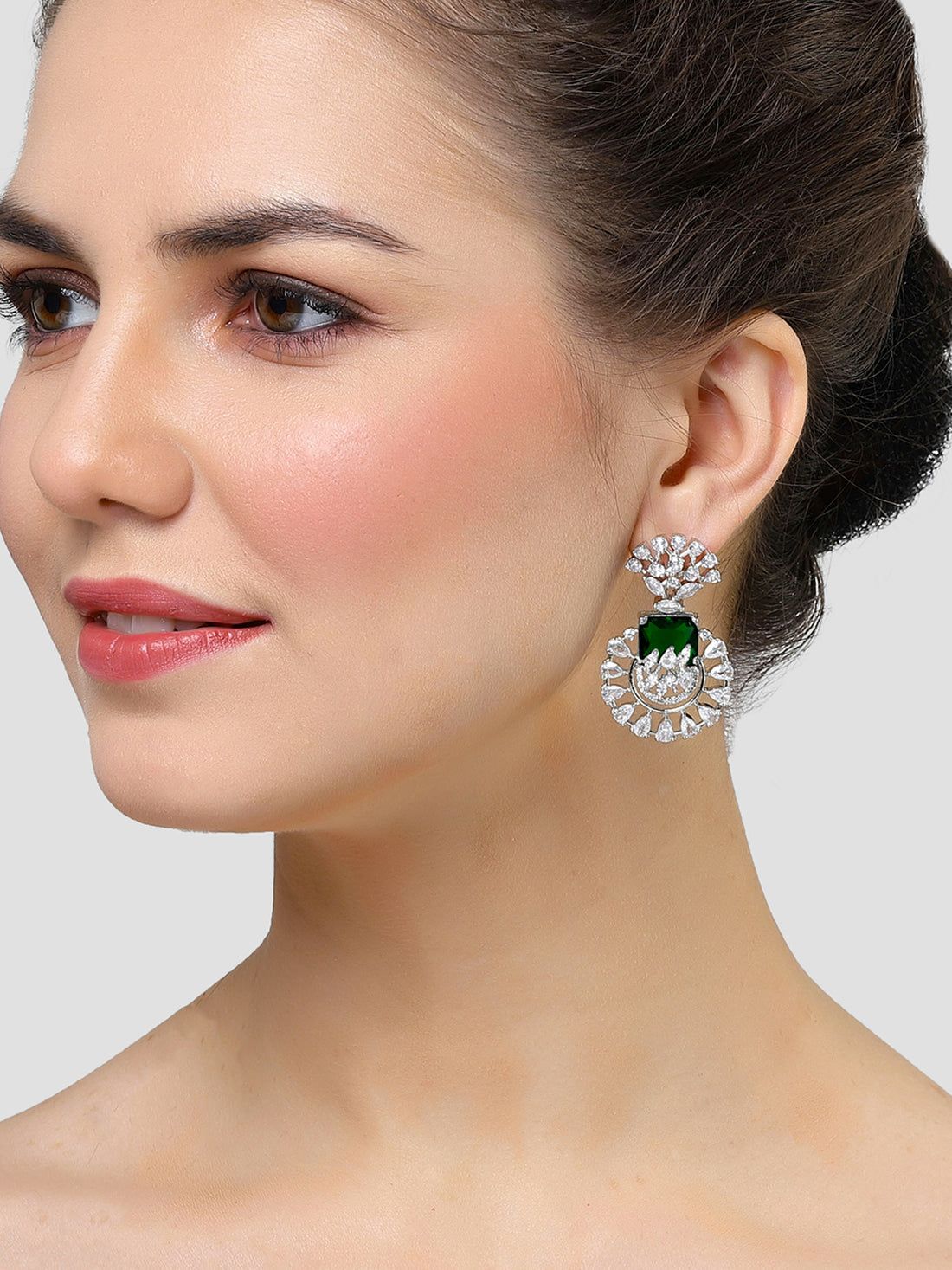 Karatcart Silver Toned Green Cubic Zirconia Studded Drop Earrings for Women