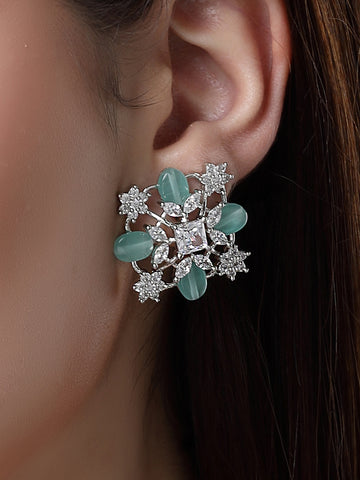 Karatcart Silver Plated Light Green Stones AD Stud Earrings for Women