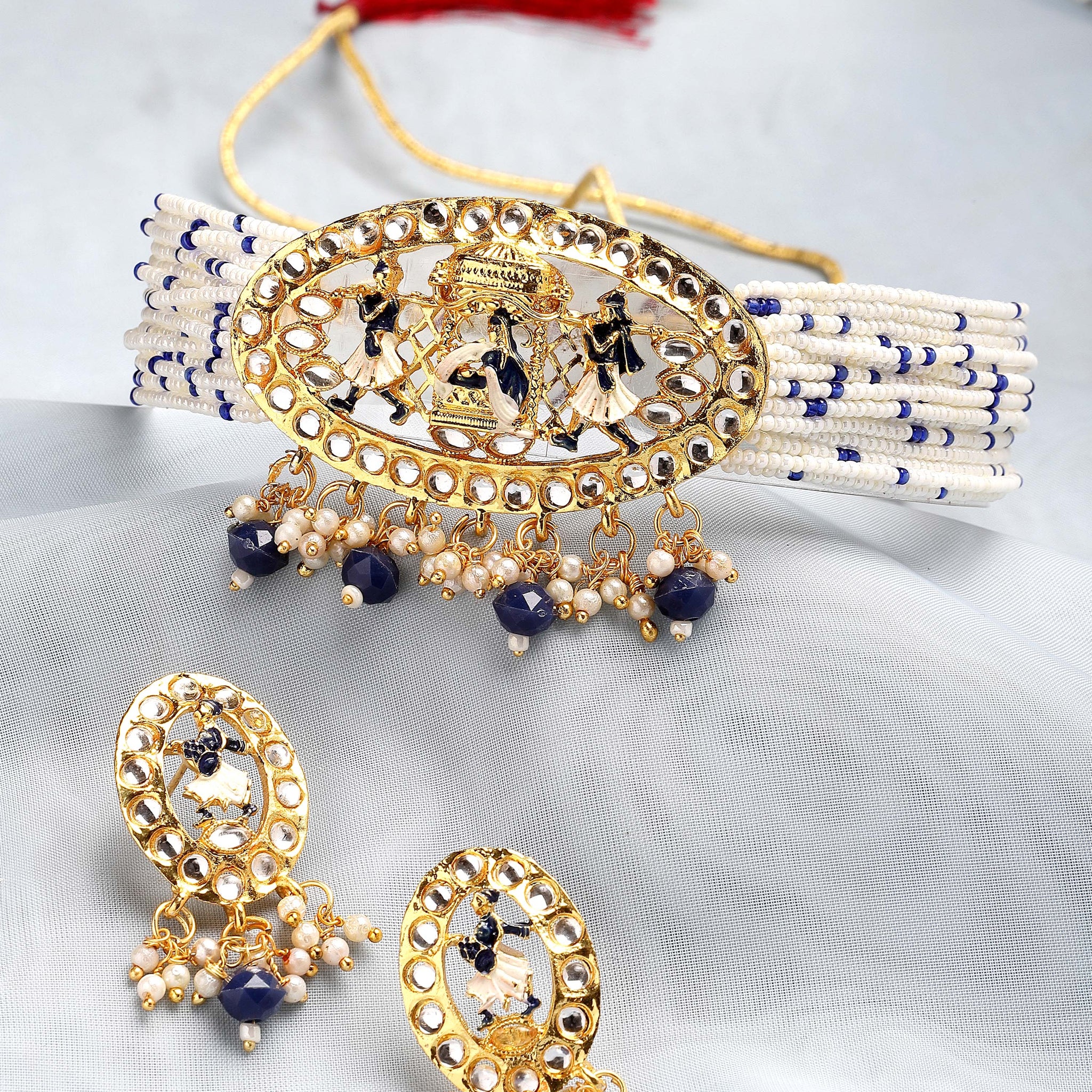 Karatcart Gold Plated Blue Dulhan Doli Design Choker Necklace Set for Women