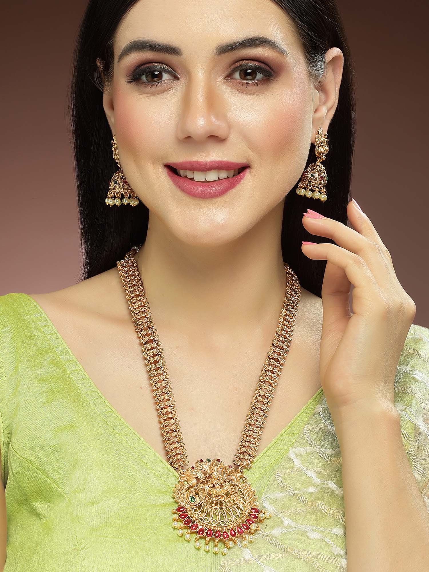 Karatcart Gold Plated Red Stone Laxmi Mata Rani Haar Temple Jewellery Set for Women - Image 1