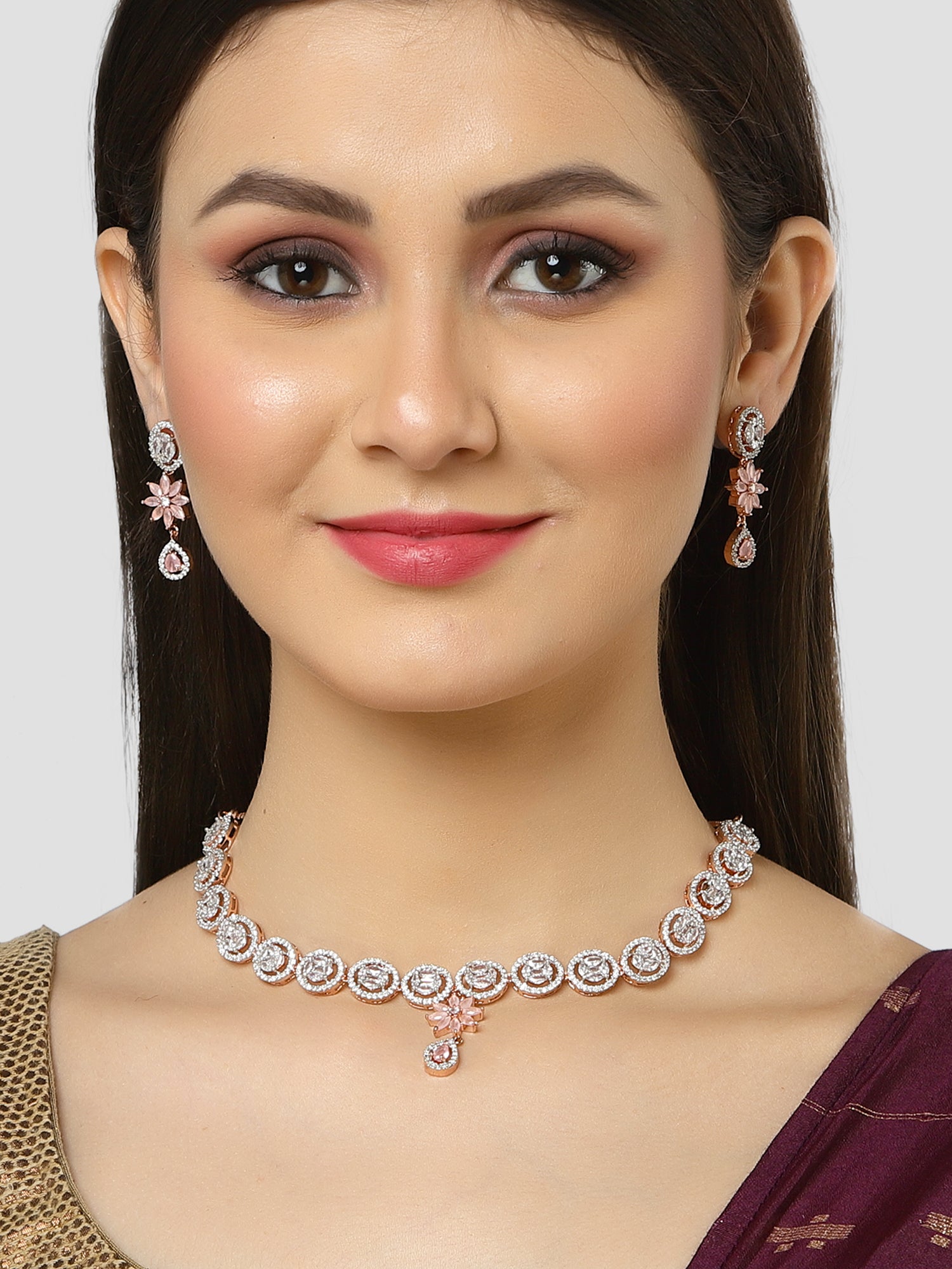 Karatcart Rose Gold Plated Pink Cubic Zirconia Studded Floral Jewellery Set for Women - Image 1