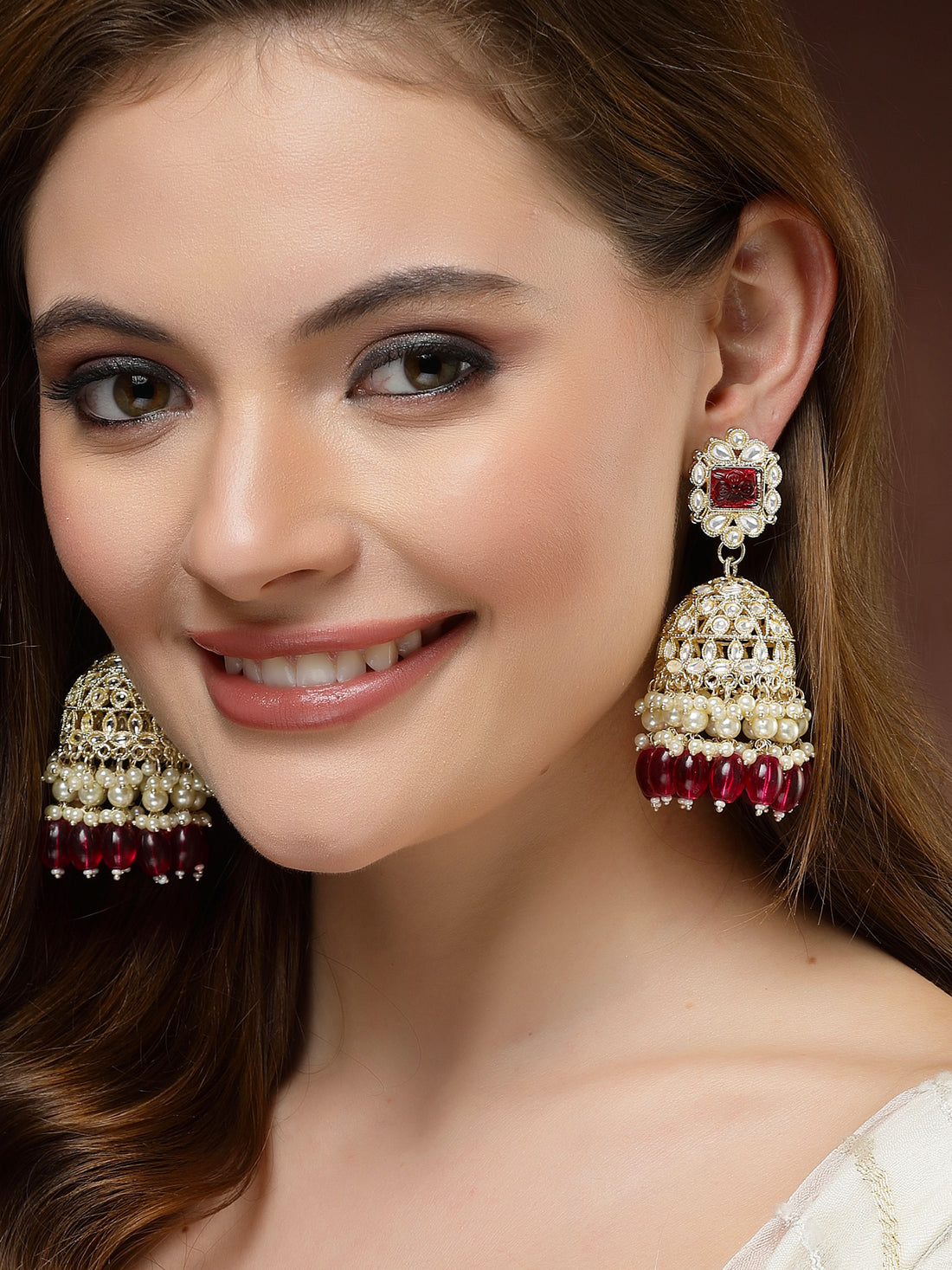 Karatcart Gold Plated Red Stone Studded Kundan Jhumki Earrings for Women